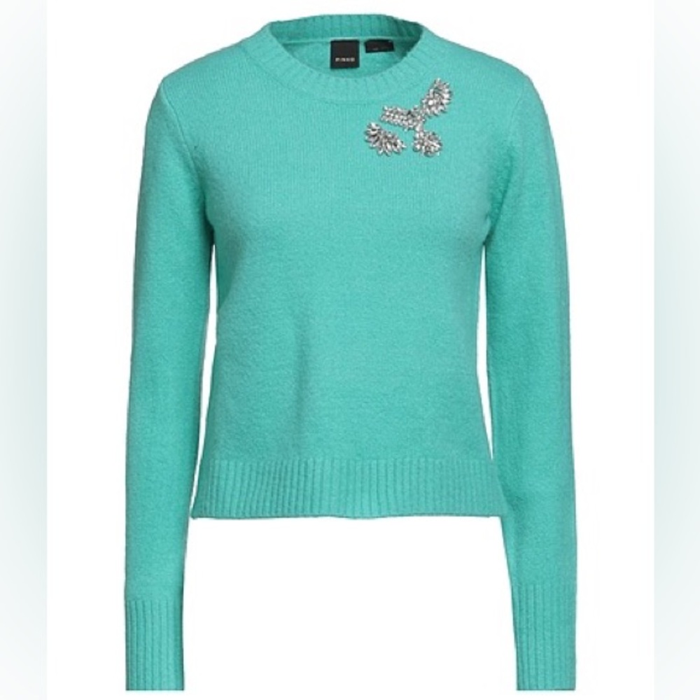 Pinko Turquoise Embellished Crew Neck Sweater Size: Small